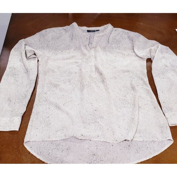 ANA Speckled Tan/Green/Silver Roll-Tab Henley Pleated Shoulder Hi-Low Blouse, M - Picture 1 of 6